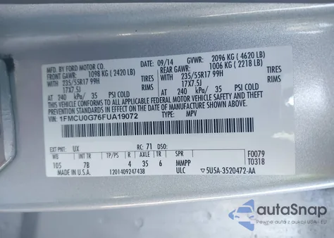 2015 Ford Escape Se from USA, damaged, VIN 1FMCU0G76FUA19072